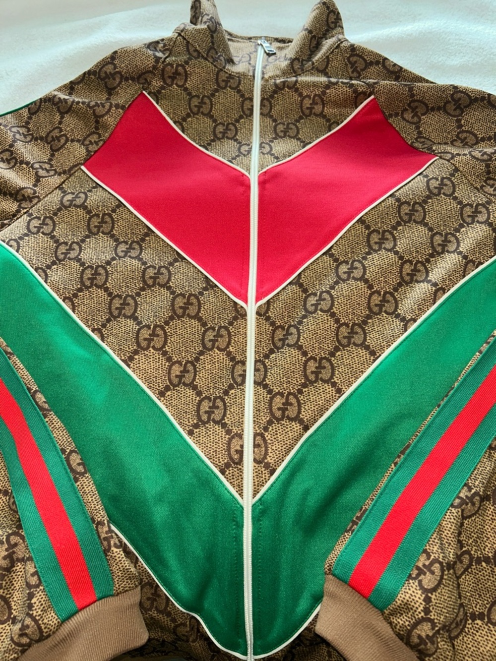 Gucci Brown GG Monogram Bomber Jacket with Red & Green Accents